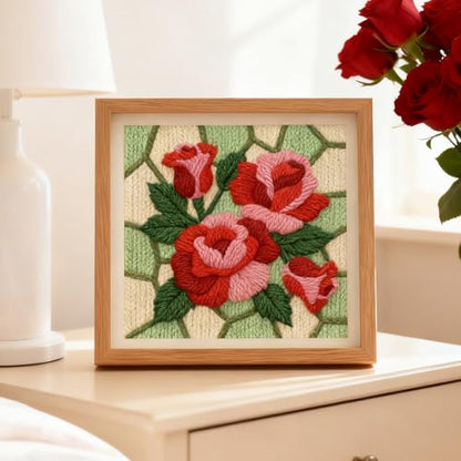 INFUNLY Roses Punch Needle Kit Square 9.4 Inches DIY Embroidery Punch Needle Set for Adults Red Pink Flowers Punches Stitching Starter Kits with Easy to Follow Instructions Festival Gift Home Decor - style: Roses
