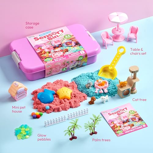 JOVA Klever Kits Cute Pet Sensory Bin for Kids with Glow in The Dark Stones, Sandbox with Lid Dual-Color Sand, Preschool Learning Activities Gifts for Boys Girls Age 3+ - style: Pet