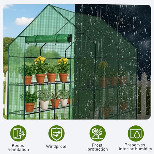 Outvita Walk-in Greenhouse, 3 Tiers 8 Shelves, Durable PE, 56"x56"x77" - style: 3 tiers 8 shelves