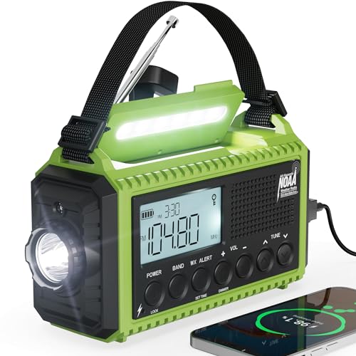 Emergency Radio 5000mAh NOAA Weather FM AM SW Battery Operated 5 Way Power - color: Green with Black
