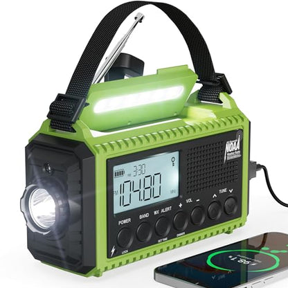 Emergency Radio 5000mAh NOAA Weather FM AM SW Battery Operated 5 Way Power - color: Green with Black