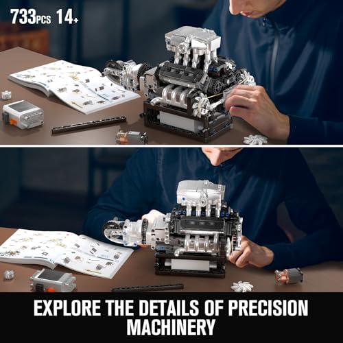 Mould King 10206 V8 Engine Model kit that Runs, Build Your Own Cars Combustion Battery/Motor Blocks Sets, Mechanic Engineering Construction Set, STEM KIt Gift for Adults 14+ Teens(737 PCS) - style: MCL Engine