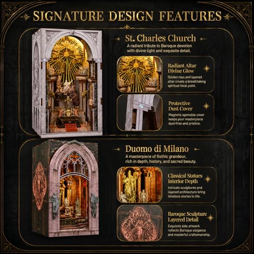 MiniCity 2-Piece Book Nook Kit Set, 3D Wooden Puzzle Bookshelf Insert Decor - color: Duomo Di Mliano & St. Charles Church