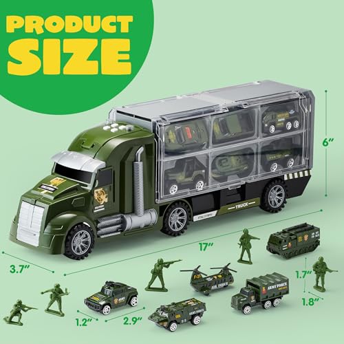 JOYIN 25 in 1 Military Kids Truck Toys for Age 3+, Kids Boy Toys, Army Men Tanks Set with Soldier Men, Mini Battle Cars in Carrier Truck with Lights and Sounds, Gifts for Grandkids - style: Military Truck