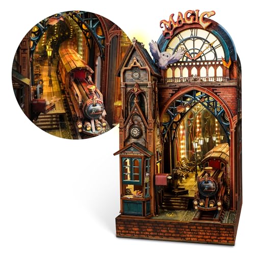 FUNPOLA LED 3D Puzzle Magic Station Book Nook Kit - Interactive 3D Wood Puzzle LED Magical Miniature with Infinite Extension Space - DIY Bookshelf Insert Decor Gifts(Magic Station) - color: Magic Station