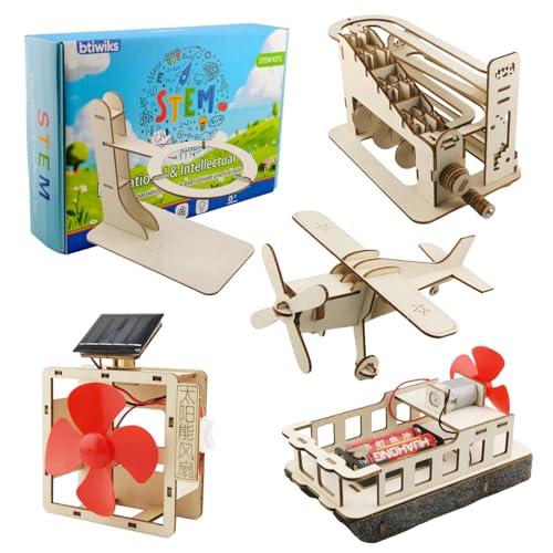 5 in 1 DIY Wooden STEM Self Assembly Kit, Science Experiment Building Models, Solar Fan, Pneumatic Boat, Marble Run Machine, Wooden Airplane & Magnifier, Educational Engineering Toy Gift for Kids 8-14 - style: Stem kits-E