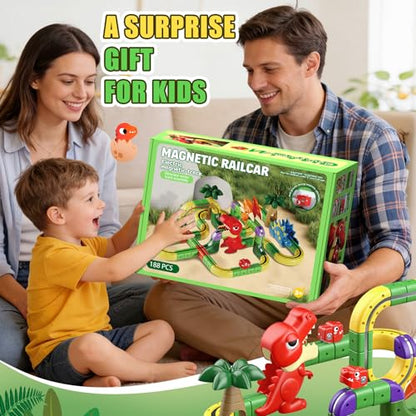 Upgrade Magnetic Train Set: 188PCS 3D Infinity Racer Electric Train Set for Kids Flexible Cube Track Anti-Gravity Dinosaur Train Toys Gifts for 3 4 5 6 7 8-12 Year Old Boys Girls - size: Deluxe Set(188PCS)