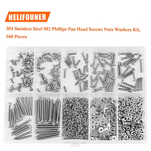 HELIFOUNER 560 Pieces M2 x 4mm /6mm /8mm /10mm /12mm /16mm /20mm, Phillips Pan Head Machine Screws, Metric Screws Bolts Washers Nuts Kit, 304 Stainless Steel - size: M2, style: Phillips Pan Head