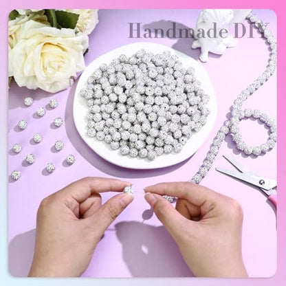 Dowarm 255PCS 10mm Rhinestone Beads for Baseball Necklace Bracelet Jewelry Making, White Rhinestone Clay Beads for Crafts Beaded Pen, Round Polymer Clay Shamballa Pave Disco Diamond Bead - color: 01-White