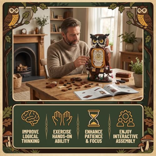 HJPLPXH Owl Clock Building Block Set, Working Clock Display Gift for Adult - color: Owl Clock