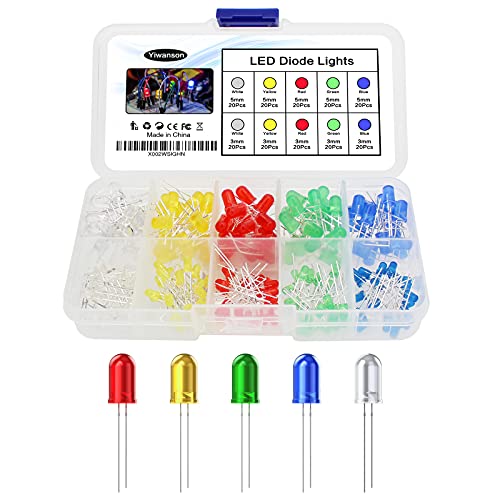 YIWANSON 200 Pcs LED Diodes 3mm 5mm Clear Light Emitting Bulbs - Red, Green, Blue, Yellow, White for Science Experiment, Circuit, Christmas Lights