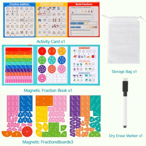 Magnetic Fraction Educational Set, 164Pcs Montessori Math Manipulatives, Fraction Tiles & Circles Set with Dry-Erase Board, Teaching Aid for Middle School & Adult Learners