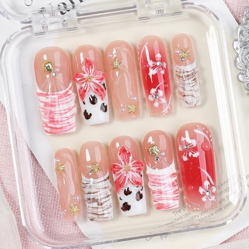 Pink Floral Beach Press On Nails – Handmade 3D Flower & Shell and Starfish Design, Long Coffin Shape Reusable Acrylic Full Cover Stick On Nails for Women Summer Vacation Nail Set - color: Blush Reef, size: S