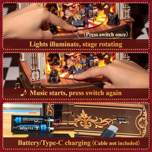 CUTEBEE 3D Wooden Puzzles Music Box - DIY Theater Model Kit with LED Light, 413 Pcs Rotating Miniature House Kit for Adults, Home Bookshelf Decor, Birthday Valentines Day Gifts (Animal Carnival)