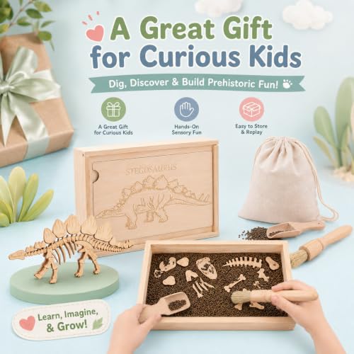Dino Excavation Archaeology Dig Kit, Fossil Digging Kit for Kids, Dinosaur Skeletons Bones Puzzle Game with Wooden Storage Box, STEM Toys for Boys and Girls (Stegosaurus) - color: Stegosaurus