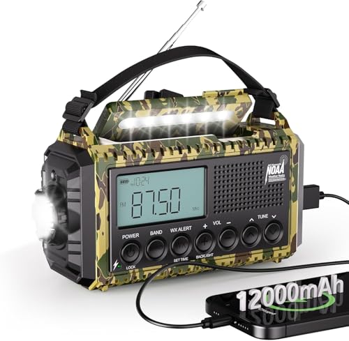 Emergency Radio 12000mAh, Auto Digital Weather Radio Portable AM FM SW NOAA - color: Camo Green