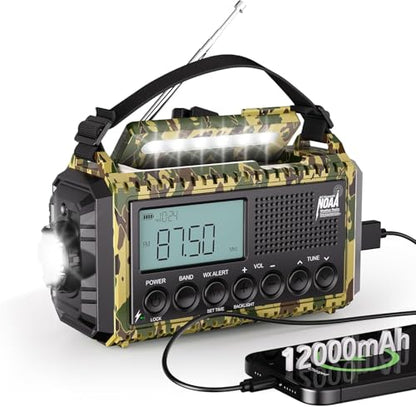 Emergency Radio 12000mAh, Auto Digital Weather Radio Portable AM FM SW NOAA - color: Camo Green