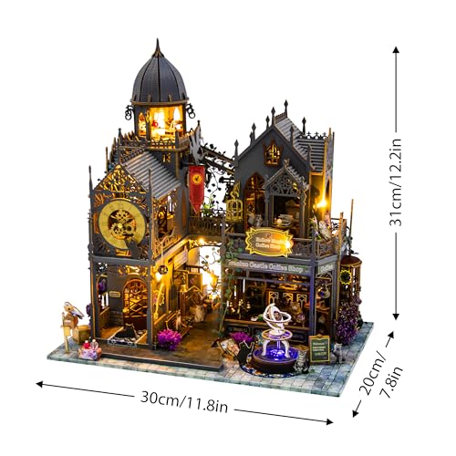 Plustopoy DIY Miniature House Kit: 3D Wooden Puzzle Miniature Kit with LED Lights, Small Tools & Music Box, Tiny House Diorama Building Kit for Adults Teens, Mini Wooden Dollhouse Creative Gift - style: Hhuoluo Magic Castle