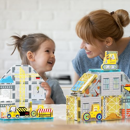 PicassoTiles Magnet Tiles Magnetic Building Blocks with 8 Construction Vehicles Crank Truck Excavator Bulldozer Road Roller Concrete Mixer Tractor Dump Truck Forklift Toys Learning Kids Ages 3+ PTQ11 - color: Vehicles Crank Truck