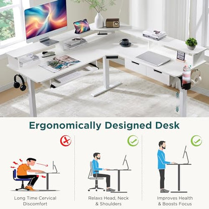 RedLemon 60 Inches L Shaped Electric Standing Desk 2 Tier, Antique White - color: Antique White, size: 60"X60"