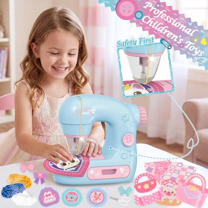 deAO Kids Mini Sewing Machine Pretend Play Arts Craft Toy Kit with Lights