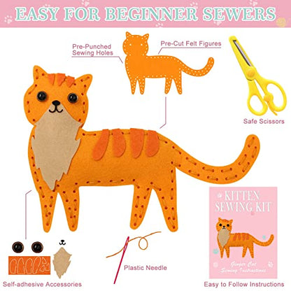 CiyvoLyeen Cat Sewing Kit for Kids –Ages 7 8 9 10 11 12 Kitten Plush Toys Arts & Crafts Set for Beginners, Learn to Sew Gifts Idea for Girls & Boys, Felt 12PCS