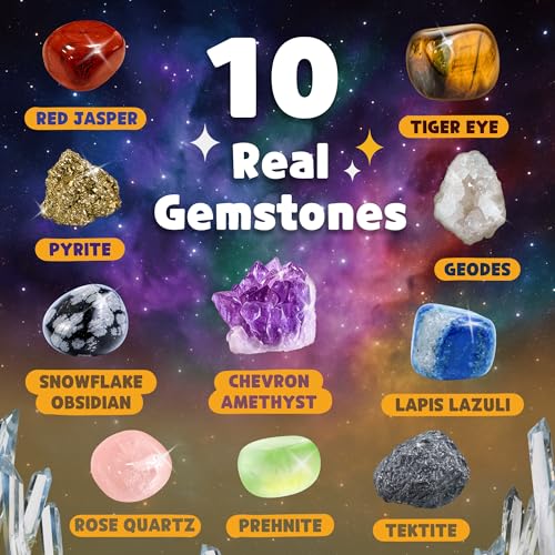 Gemstone Dig Kit for Kids with 2 Tools, 10 Real Gems Tektite
