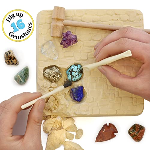 DANCING BEAR Gem stone Dig Kit, Excavate 16 Real Gems & Crystals including Arrowheads, Quartz Point and Amethyst, STEM Education for Kids, Fun Rock Mining Science Activity Gift Sets for Girls and Boys