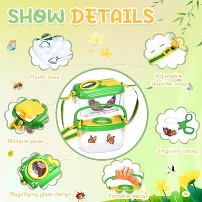 Sherr 7 Pcs Bug Catching Kit for Kids Insect Bug Catching Kit Outdoor Explorer Toys Include Insect Box Butterfly Net Capsule Clip Magnifying Glass Binocular Tweezer Butterfly Viewer Box Adventure Gift
