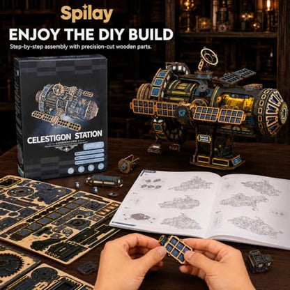 Spilay Mechanical 3D Wooden Puzzle for Adults, Wood Model Building Kit - color: Celestigon Station（black）