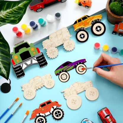 JellyArch 24 Pcs Monster Truck Party Favors Unfinished Wooden Truck Painting Set with Paints Magnets Car Party Favors DIY Wood Vehicles Ornaments for Car Celebration - style: Monster Truck