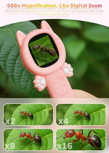PHNIXGAM Kids Microscope Camera, 500X Handheld 2" IPS Screen, A Pink Cat - color: Pink Cat