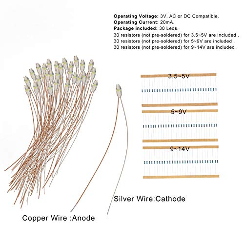 Evemodel 30pcs Pre-Wired Micro Litz Wire White 0603 SMD LED Light 7.8'' Wire Resin Cover Waterproof CD0603W - color: White