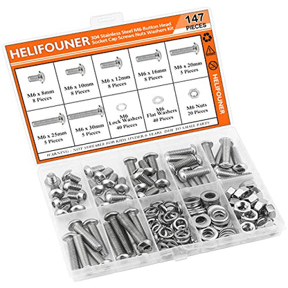 HELIFOUNER 147 Pieces M6 x 8mm /10mm /12mm /16mm /20mm /25mm /30mm, Button Head Socket Cap Screws Bolts Washers Nuts Kit, 304 Stainless Steel - size: M6, style: Button Head Socket Cap