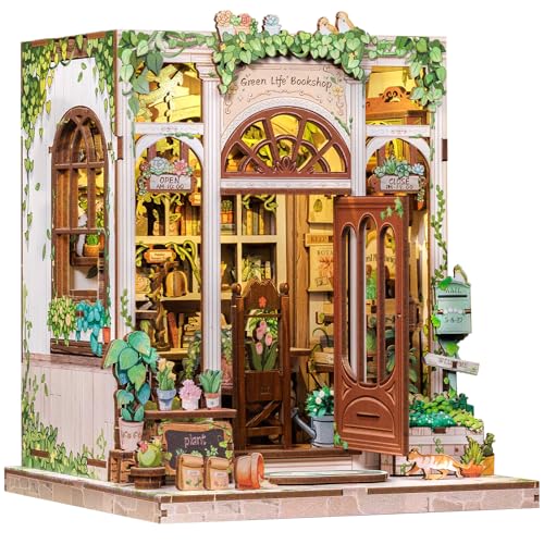 CUTEBEE Book Nook Kit - DIY Miniature House Dollhouse Kit for Adults and Teens, Booknook Tiny House Bookshelf 3D Wooden Puzzle, Gifts for Family (Green Life Bookshop) - color: Colorful