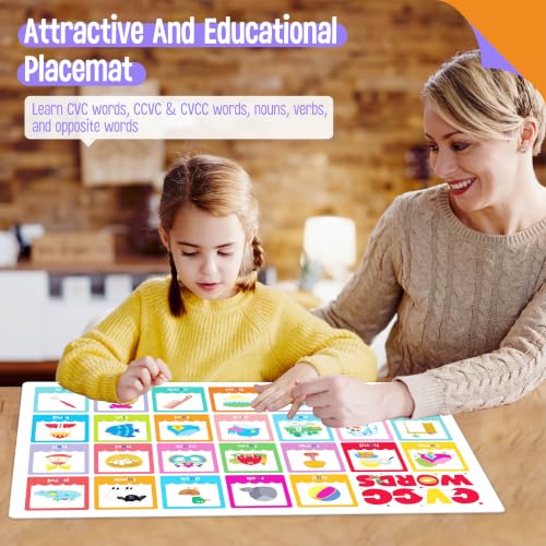 Non-Slip Placemats Washable Table Mat for Kids, 6 Pack - style: CVC, CVCC & CCVC Words