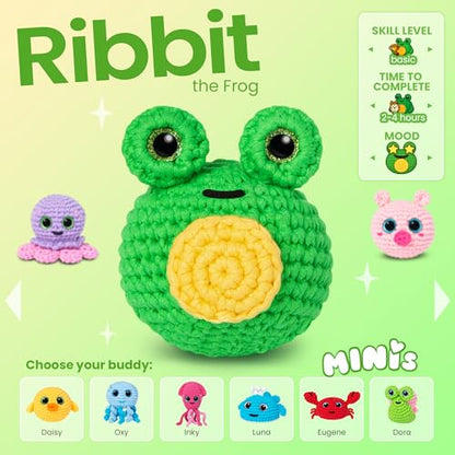 Cookie Box Crochet Kit for Beginners, Frog Mr. Ribbit - color: Green and Yellow
