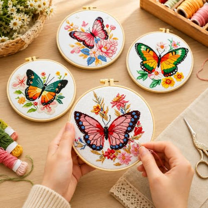 Zhenqing 4 Butterfly Floral Cross Stitch Kit, 11CT Printed Fabric with Hoop - color: 4 Butterfly Kit