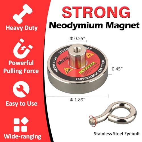 MUTUACTOR Super Strong Fishing Magnet,Φ1.89''Neodymium Rare Earth Magnet Heavy Duty,350lbs Pulling Force Round Magnets with Lifting Eyebolt Hooks for Salvage,Recovery and Retrieval - style: 350lb Magnet--Φ 1.89"