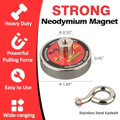 MUTUACTOR Super Strong Fishing Magnet,Φ1.89''Neodymium Rare Earth Magnet Heavy Duty,350lbs Pulling Force Round Magnets with Lifting Eyebolt Hooks for Salvage,Recovery and Retrieval - style: 350lb Magnet--Φ 1.89"