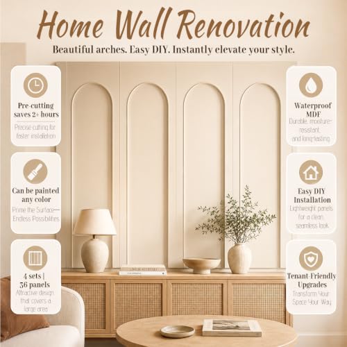 Arch MDF Wall Molding Kit 4 Sets Pre Cut 118 x 31.5 Inch Board and Batten Wall Panel Kit,MDF Paneling Kit Easy Install Paintable DIY Accent Decor for Bedroom Living Room Doors