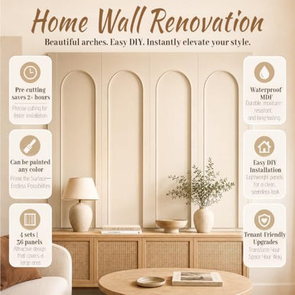 Arch MDF Wall Molding Kit 4 Sets Pre Cut 118 x 31.5 Inch Board and Batten Wall Panel Kit,MDF Paneling Kit Easy Install Paintable DIY Accent Decor for Bedroom Living Room Doors
