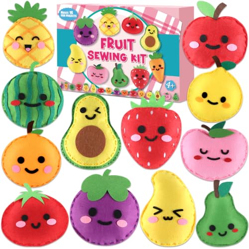 ZOIIWA Fruit Sewing Kit for Kids Sewing Felt Plush Stuffed Ornament Fruit Vegetable Kids Felt Kit DIY Art Craft Food Embroidery Keychain Christmas Gift for Beginner Ages 4+ Educational Learn to Sew