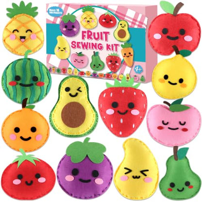ZOIIWA Fruit Sewing Kit for Kids Sewing Felt Plush Stuffed Ornament Fruit Vegetable Kids Felt Kit DIY Art Craft Food Embroidery Keychain Christmas Gift for Beginner Ages 4+ Educational Learn to Sew