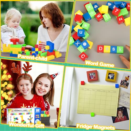 1 Inch Large Magnet Cube for Kids Toddler, Magnetic Blocks Gifts for Boys Girls , Letter Alphabet Sensory STEM Toy Science Kit, Number Construction 3D Puzzle Learning Toy Classroom Must Have 32 Pack
