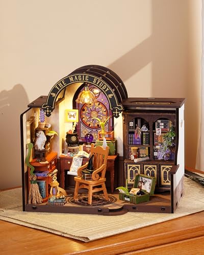Rowood Magic Study Miniature House Kit, DIY Miniature Dollhouse Kits for Adults, Wizard Mini House Craft Kits for Women with LED, Halloween Christmas Birthday Gift for Adults (The Magic Study) - style: The Magic Study