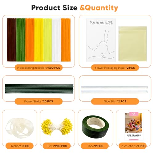 HHSarioneiro 550 Pcs Pipe Cleaner Flower Kit, Complete DIY Flower Bouquet Making Kit, 7 Beautiful Colors, 15 Flower Designs with Step-by-Step Video Tutorials, for Teen Girls and Craft Lovers - color: Yellow