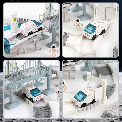 BEMITON Race Track Toy for Kids - Best Birthday Gift for 3 4 5 6 7 Year Old Boys, 290+ PCS DIY Flexible Track Playset, Creative Building Toys - color: White Space Race Track