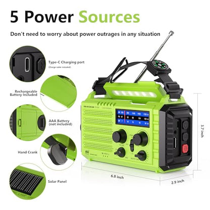 Emergency Weather Radio Battery Powered 5000mAh/18500mWh, Solar Hand Crank - color: Light Green