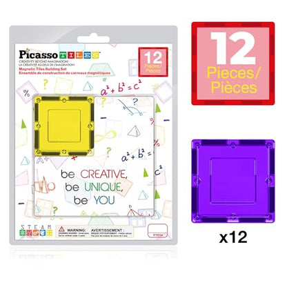 PicassoTiles Magnetic Building Block Magnet Tile Construction Kit for Kids Educational STEM Learning Playboard Pretend Play Toy Stacking Shapes Brain Development Preschool Toddler Activity Set PTE04 - style: 12Pc Square
